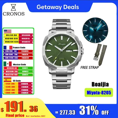Cronos Boaijia Stainless Steel Automatic Diver Men Watch Horizontal Strips Dial 10Bar Waterproof BGW-9 Lum 8205 Date&Week