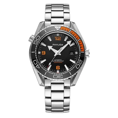 PHYLIDA 43.5mm Men's Automatic Watch Black with Orange Dial Sapphire Crystal Ceramic Insert Nh35 Movement 500m Bracelet Clasp