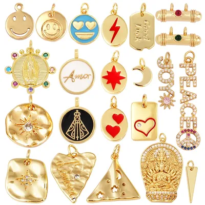 Trendy Good Luck Colorful Happy Face Heart Moon Triangular Charm Attachment,Brass Real Gold Plated Jewelry Findings Supplies
