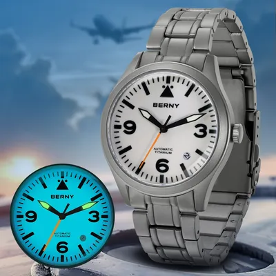 BERNY Pilot Titanium Mechanical Men Wristwatch Sapphire AR Coating Supper Luminous 10Bar Sport Watch Titanium Aviation Watches