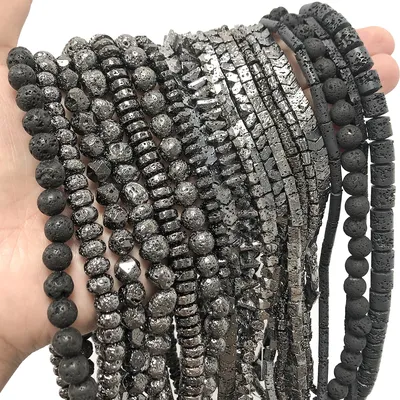 42 Types Black Volcanic Lava Bead Natural Stone Hematite Cube Round Loose Beads for Jewelry Making DIY Bracelet Accessories 15''