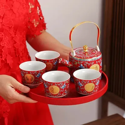 Enamel Colored Tea Cup Set, Tea Pot Set, Wedding Celebration Tea Joy Tea Cup, Creative High Grade