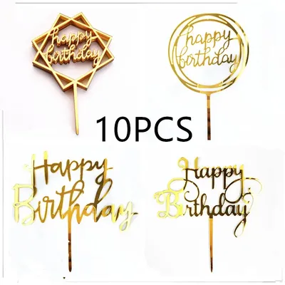 10 Pcs Rose Gold Happy Birthday Cake Topper Silver black Simple Design Acrylic Cake Toppers Baby