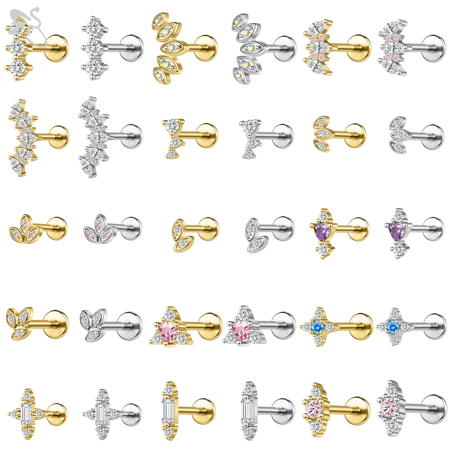 ZS 1PC Gold Color Stainless Steel Lip Stud Internal Thread Zircon Labret Piercing Cartilage Earring Helix Tragus Piercing 16G