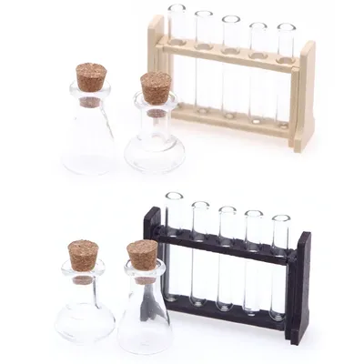 1Set 1:12 Dollhouse Miniature Test Tube Measuring Cup with Rack Laboratory Model Decor Toy Doll