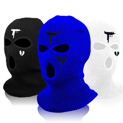 3Holes Winter Warm Unisex Balaclava Mask Hat Embroidery Full Face Mask Knitted Cycling Ski Snowboard