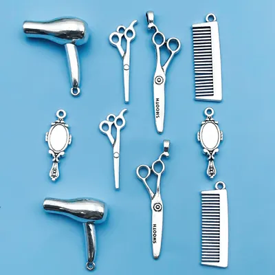 6/10Pcs Antique Silvery Barber Tool Charms Hairdrier Scissors Comb Makeup Mirror Shape Pendants For Jewelry Making Findings Craf