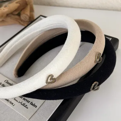 Rhinestone Heart Sponge Headband Hairband for Woman Girls Sweet Temperament Hair Hoop Autumn Winter