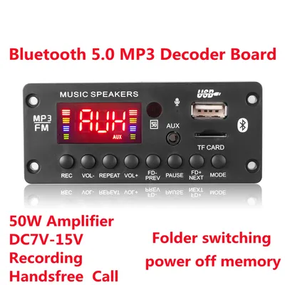 2*25W 50W Amplifier DC 7-15V MP3 Decoder Board Bluetooth 5.0 12V Car MP3 Player USB FM Call Recording Support Folder Switching