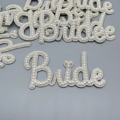 2pcs Pearl Rhinestone Letter Patches BRIDE 3D Handmade Letters Patches For Wedding Decoration