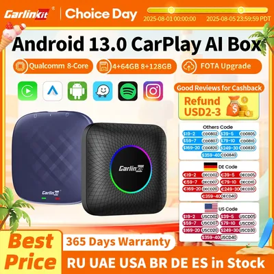 CarlinKit CarPlay Ai Box Android 13 Plus QCM6125 8-core Wireless Android Auto& CarPlay Car USB Adapter FOTA Upgrade For Netflix