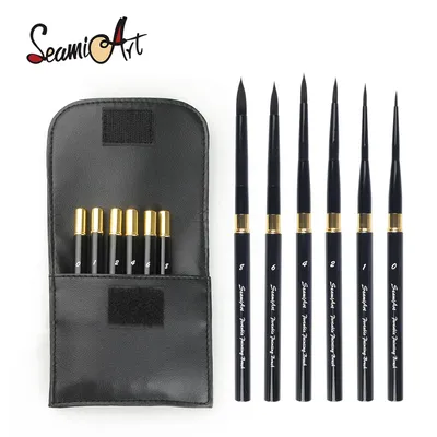 SeamiArt 6pcs/Set With Portable Pu Brush Bag DivIsible Short Holder Watercolor Journal Paint Brush