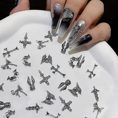 50PCS/Bag 3D Silver Punk Cross Shaped Nail Charms Metal Alloy Nail Art Rhinestones Manicure Jewelry For DIY Nail Accessories