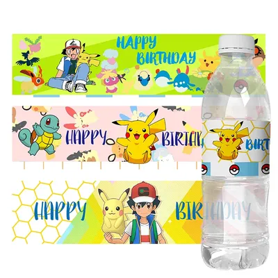 24pcs Pokemon Birthday Favours Water Bottle Wine Labels Pikachu Candy Wrapper Stickers Kids Baby