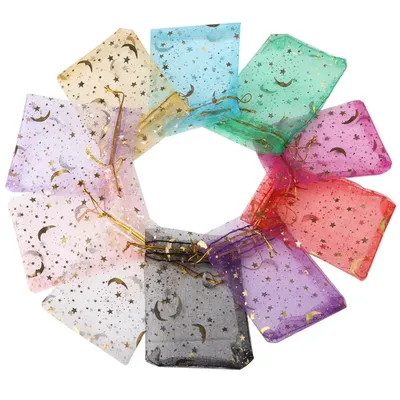 25/50/100pcs/lot Organza Bag Gift Bag Gold Color Moon Star Gifts Pouches For Wedding Party Candy Bag