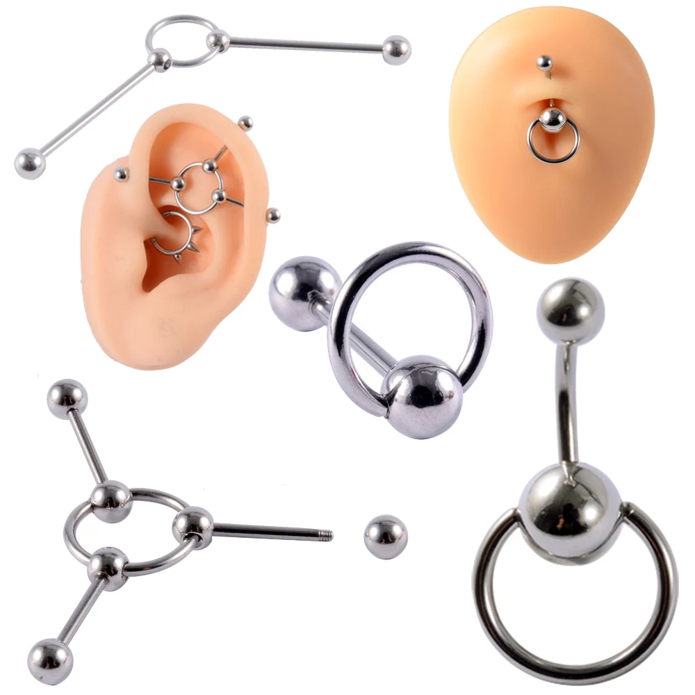 1PC Stainless Steel Decor Round Belly Button Ring Steel Industrial Barbell Cartilage Earring Punk Style Tongue Ring Piercing 14g