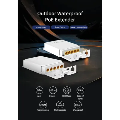Hisource 4 Port IP55 Waterproof POE Repeater 100/1000Mbps 1 to 3 Network Switch PoE Extender for IP