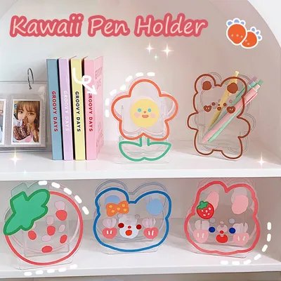 Kawaii Pen Holder Creative Cute Desk Organizer Cartoon Acrylic Transparent Stationary Storage Box