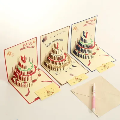 Happy Birthday Card Christmas Gift Card 3d Birthday Cake Pop-Up Greeting with Envelope Christmas