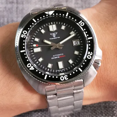 Tandorio 44mm Stainless Steel Automatic Men's Watch 20bar NH35A Movement Sunburst Dial Date Sapphire Glass Dive Wristwatch Lume