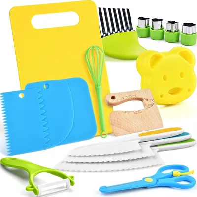 17PCS Kids Cooking sets Real Cooking Montessori Kitchen Tools for Toddlers Kids Safe Knives for