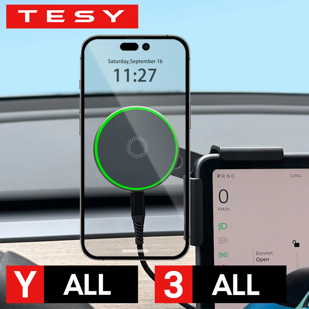 Car Phone Mount Holder 15W Magnetic Magsafe Wireless Charger for Tesla New Model Y Juniper 2025-2020 Model 3 Highland 2024-2017