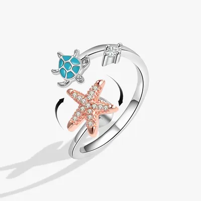 Enamel Turtle And Starfish Crystal Anxiety Relief Spinning Ring For Girl Rotating Anti Stress Fidget Ring Finger Bague Femme