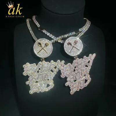 Aokaishen Iced Out Necklace Pendant for Men Every Body Eats Charms Real Copper Cubic Zircona Gold