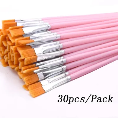 30Pcs Flat Pink Painting Brushes Nylon Hair Plastic Handle for Detail Acrylic Nail Watercolor Oil Kid School Project Classroom