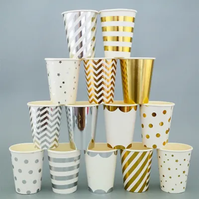 10pcs Golden Cup Party Paper Tableware Birthday Party Dinner Plate Polka Dot Striped Cup gold