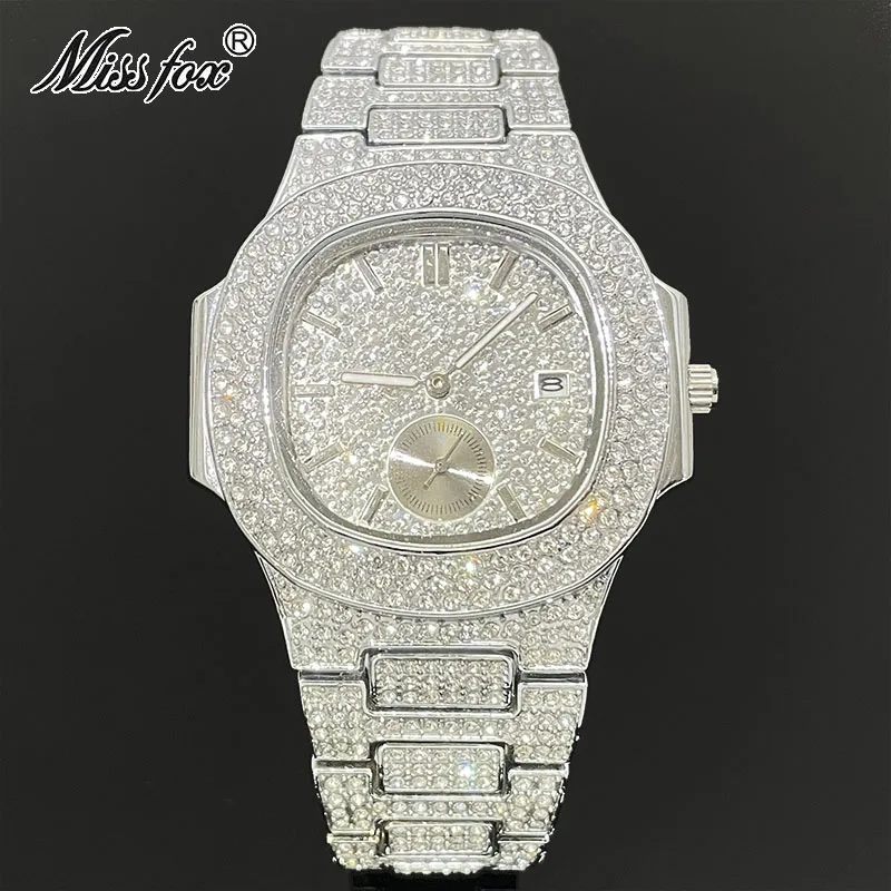 MISSFOX Luxury Watch Men For Iced Out Diamond Automatic Date Clocks Fashion Waterprof Quartz Wristwatch Male Free Shipping Reloj