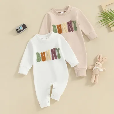 2024-01-02 Lioraitiin Baby Girl Boy Easter Clothes Fuzzy Bunny Embroidery O-Neck Long Sleeve