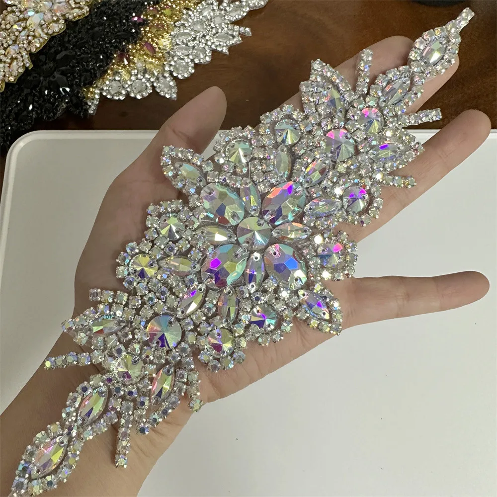 1PCS AB Silver Rhinestone Applique flower patches Iron on/sew on wedding dress accessories For Clothes Decoration