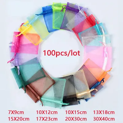 100Pcs/lot 7x9 9x12 10x15 13x18CM Organza Bags Jewelry Bag Wedding Party Decoration Drawable Bags