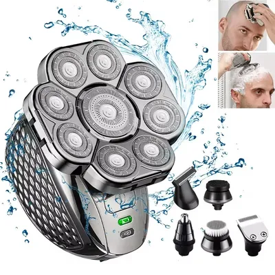 Men's Bald Head Electric Shaver 9 Blades Floating 6In1 Heads Beard Nose Ear Hair Trimmer Clipper