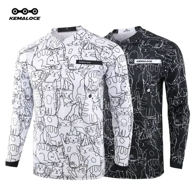 KEMALOCE MTB Jersey Long Sleeve Men White&Black Mountain Bike Jersey Cartoon 2024 Summer Breathable