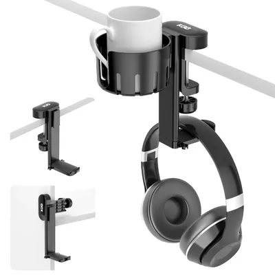 Rotable Headphone Holder 2 in 1 Under Desk Clamp Headset Stand Replaceable Cup Holder for Universal