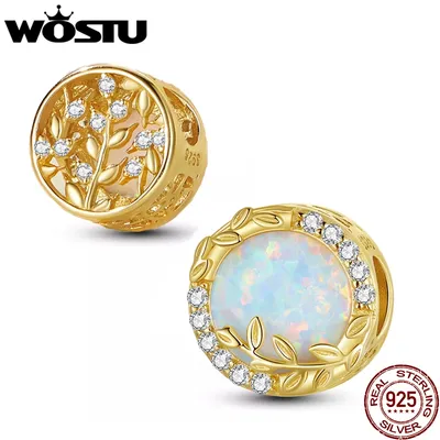 WOSTU High-end Jewelry 925 Sterling Silver Heart Sunflower Charms 18K Gold Maple Leaf Beads Fit