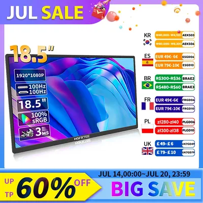 HGFRTEE 18.5inch Portable Monitor 100Hz RGB100% With VESA Hole & Back bracket Laptop Extended Display ADS-IPS HDR Screen