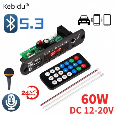 Bluetooth 5.3 DIY MP3 Decoder Board 60W Amplifier Clock 6.5mm Microphone Handsfree DC 12V 30W Car FM