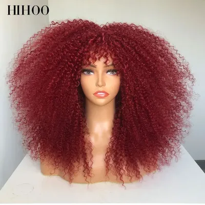 Afro Curly Wigs With Bangs For Black Women Burgundy Wig Synthetic Wine Red Hair Ombre Brown Blonde