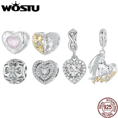 WOSTU 925 Sterling Silver Heart Charms for mom Angel wing Pendant Shiny CZ Hollow Beads Fit DIY