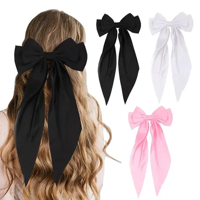 Hair Bows for Girls Ribbons Pink/Black/White Bow Girls Ribbon Hair Accessories Simple Solid Satin Spring Clip Hair Pin for Woman