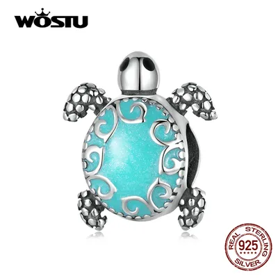 WOSTU 100% 925 Sterling Silver Longevity Sea Turtle Charm Bead Fit Original DIY Bracelets Bangle