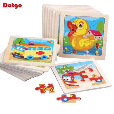 Hot Sale 11X11CM Kids Wooden Puzzle Baby Cartoon Animal Traffic Tangram Wood Puzzle Educational