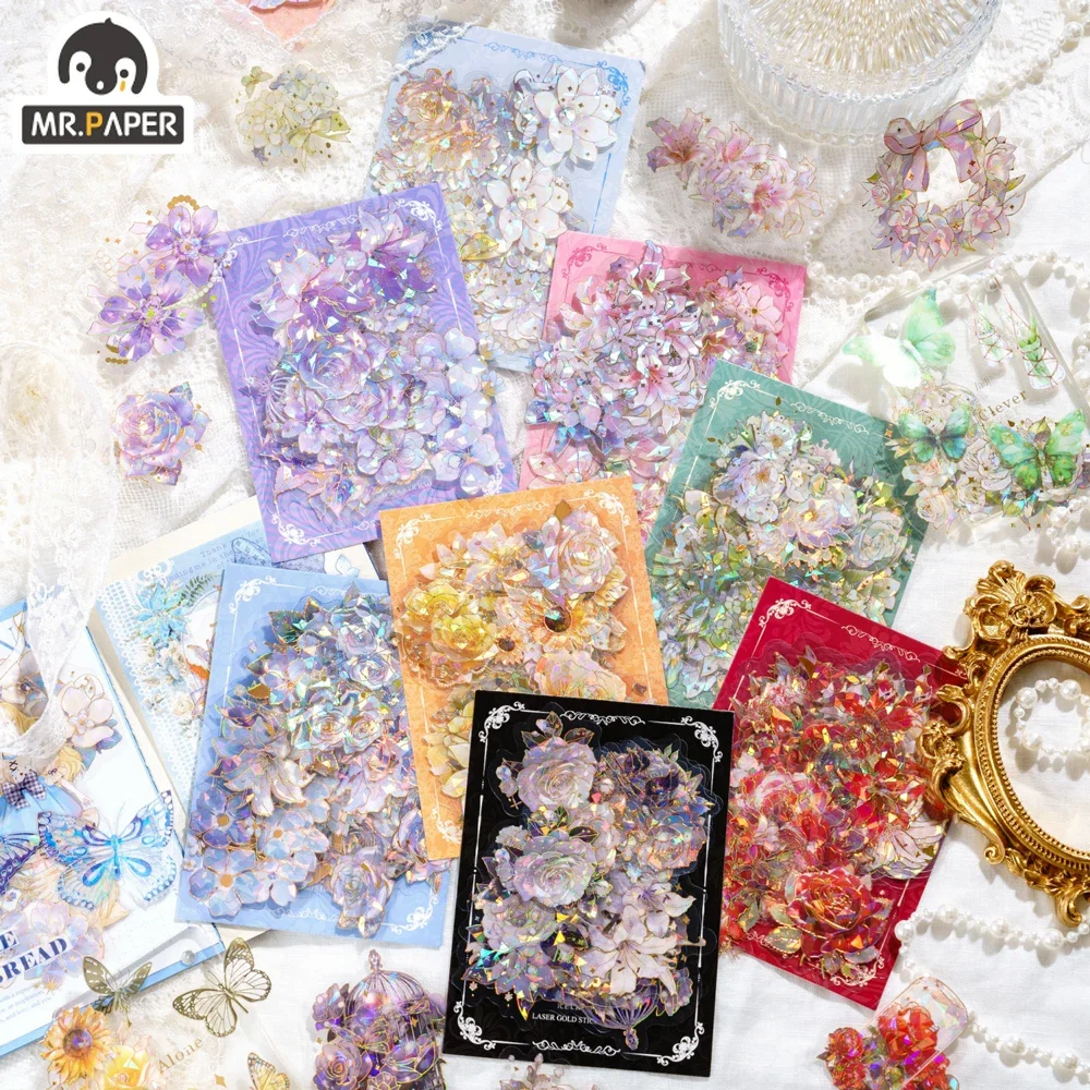 Mr. Paper Vintage Exquisite Flower Sticker Pack PET Sparkling Decoration Handbook DIY Goo Card Sticker Stationery 20pcs/pack