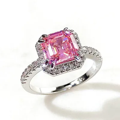 Huitan Unique Square Pink Cubic Zirconia Rings Girls Fashion Accessories for Party Luxury Birthday