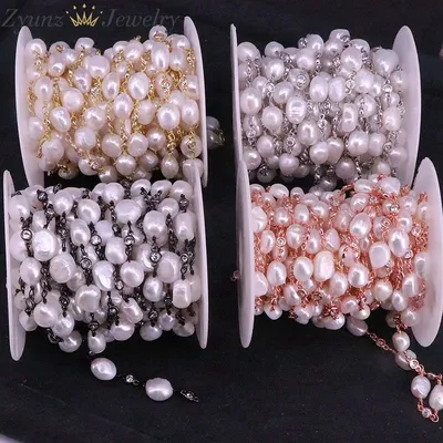 3 Meters, Freshwater Pearl and White Zirconia Rosary Beaded Chain -Pearl Beads Wire Wrapped Rose