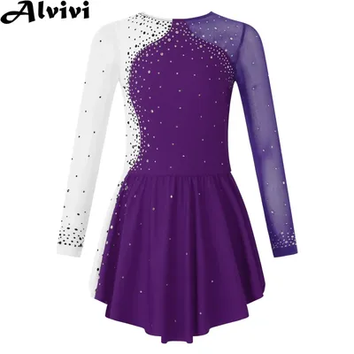 Girls Figure Ice Skating Dress Ballet Dance Gymnastics Leotard Tutu Long Sleeve Shiny Rhinestone