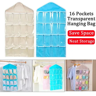 1PC 16 Grid Wall-mounted Clothes Organizer Fabric Closet Bag Storage Rack Mesh Pocket Clear Hanging